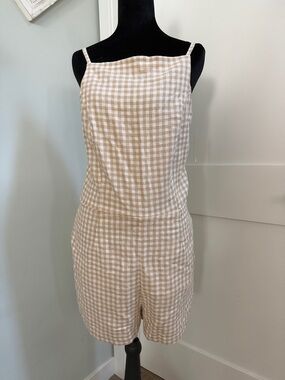 Abercrombie Beige Gingham Linen-Blend Women's Romper Medium/tall